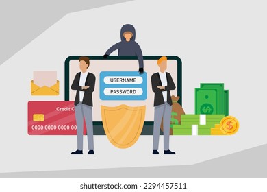 Hacker stealing password out of a laptop guarded by security guards 2d vector illustration concept for banner, website, illustration, landing page, flyer, etc