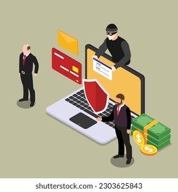 Hacker stealing password out of a laptop guarded by security guards isometric 3d vector illustration concept for banner, website, illustration, landing page, flyer, etc