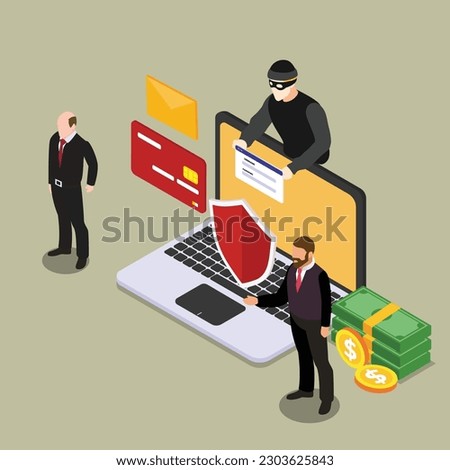 Hacker stealing password out of a laptop guarded by security guards isometric 3d vector illustration concept for banner, website, illustration, landing page, flyer, etc