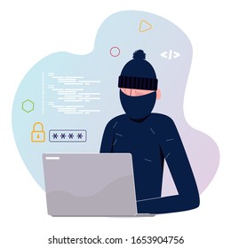 Hacker stealing password wearing mask to cover the face. On laptop thief criminal spy theft digital information coding