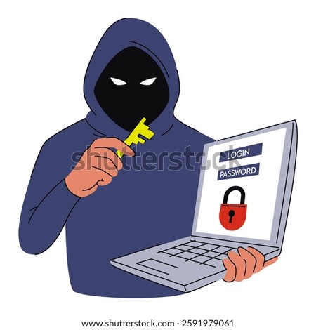 Hacker stealing personal data from laptop vector isolated. Concept of cyber security. Cybercriminal with laptop computer, personal information in danger. Man holding key from the lock.