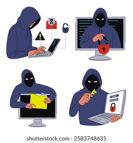 Hacker stealing personal data set vector isolated. Concept of cyber security, fraud and malware. Cybercriminal with laptop computer, personal information in danger.