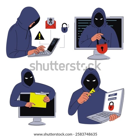 Hacker stealing personal data set vector isolated. Concept of cyber security, fraud and malware. Cybercriminal with laptop computer, personal information in danger.