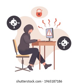 Hacker Stealing Personal Information From Computer Vector Flat Illustration. Cyber Security. Hacker Attack, Phishing, Wire Fraud, Stealing Login, Password, And Financial Data Concept.