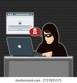 Hacker robando información personal en línea usando una computadora portátil, representando violaciones de datos, delitos cibernéticos, robo de identidad, piratería de Contraseña y riesgos de seguridad digital en Internet.