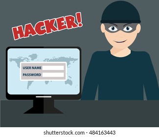Hacker stealing sensitive data as passwords from a personal computer.