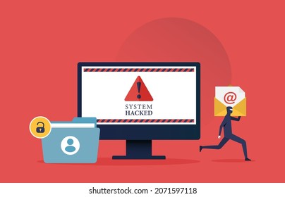 Hacker stealing sensitive data. Warning of a system hacked. phishing and cyber crime vector illustration