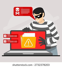Hacker roba archivos confidenciales de una computadora portátil, mostrando violación de datos, infección de malware y amenaza de seguridad en línea con alertas de advertencia y actividad de hackers.
