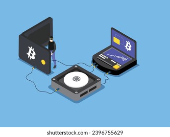 Hacker roba bitcoin de un concepto vectorial 3d isométrico de cartera fría