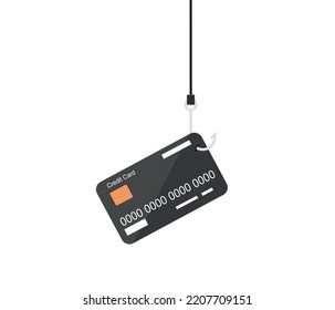 Hacker steals credit card with fishing rod. Flat Vector cartoon character. internet thief. isolated on white background.
