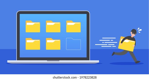 Hacker Steals A Data Folder From Screen Of Computer Laptop. Creative Concept Of Cybercrime. System Security Hacking. Trendy Cute Cartoon Vector Illustration. Technology Flat Style Graphic Design.