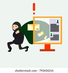 The hacker steals information from the computer, information security, data protection