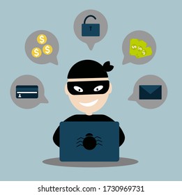 Un hacker roba dinero, datos confidenciales, información personal y una tarjeta de crédito de un ordenador portátil. Concepto de phishing de Internet.
