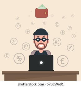 Hacker steals money in her purse off of other people.Flat. Vector. Illustration.