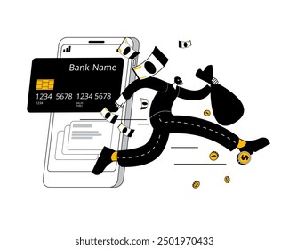 A hacker takes out credit card details and a bag of money from a hacked smartphone. Vector illustration on the topic of cybercrime and cybersecurity.