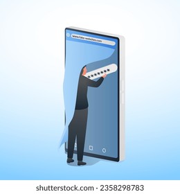 hacker taking password from phone, metaphor of stealing password