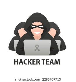 Hacker team, Cyber criminal with laptop stealing user personal data. Hacker attack. Internet phishing concept. Hackers in black hood with laptop trying to cyber attack. Vector illustration