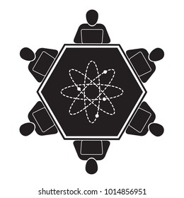 Hacker team icon. Six people at hexagon table with drawing of atom. Vector. Black icon on white background.