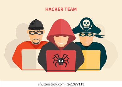 Hacker Team - Hacker, Pirate, Scammer - Isolated Flat Vector Illustration.