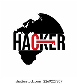 Hacker text logo design with world map and lock.