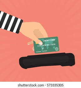 Hacker theft hand holding a credit card fraud for paying with credit card reader. Vector illustration business data privacy concept.