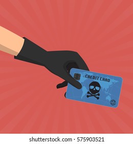 Hacker theft hand holding a credit card fraud  with skull and crossbones on blue background. Vector illustration business data privacy concept.
