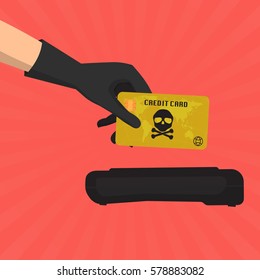 Hacker Theft Hand Holding A Credit Card Fraud  With Skull And Crossbones For Paying With Credit Card Reader On Sun Ray Background. Vector Illustration Business Data Privacy Concept.