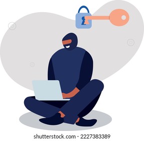 El ladrón hacker rompe la contraseña en el portátil. concepto de delito. ilustración vectorial.
