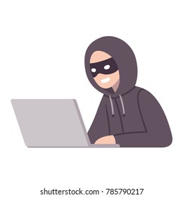 Hacker thief with laptop computer stealing passwords and confidential data. Cyber attack and security vector illustration.