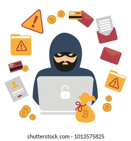 Hacker Thief With Notebook And Bitcoin Cryptocurrency. Web Security. Cyber Attack, Using Phishing Sites And Blackmail. Files, Bag, Alert, Envelope, Email. Electronic Robbery