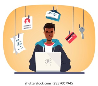 Hacker thief phishing attack cyber crime. Fraud person hacking datum, stealing password and personal information on laptop computer. Privacy, cyberspace safety concept flat vector illustration