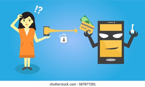 Hacker or thief stealing credit card data from woman smart phone for phishing and internet viruses