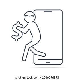 Hacker or Thief stealing money from smartphone and Dollar sign icon. Internet security concept. simple line illustration.