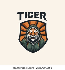 hacker tiger mascot character logo design with shield symbol vector badge logo illustration template