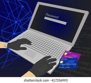Hacker trying to enter the password with credit cards next to his laptop using them for unauthorized shopping
