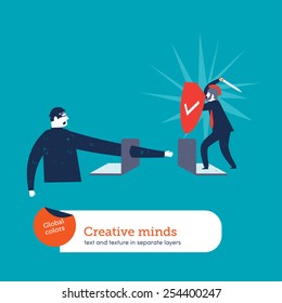 Hacker trying to hack a computer and centurion defending it. Vector illustration Eps10 file. Global colors. Text and Texture in separate layers.