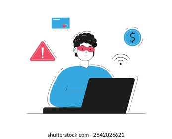 Hacker is trying to hack credit card, danger of cyber crime. Character design. Vector flat illustration