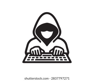 Hacker typing on keyboard wearing a hooded sweatshirt silhouette vector icon with keyboard security silhouette anonymous computer internet
