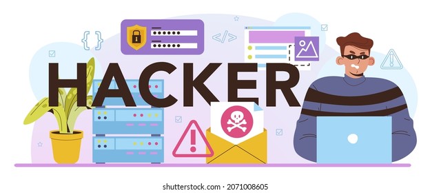 Hacker typographic header. Cyber attack, thief stealing personal data and money from computer or smartphone. Digital data protection and database safety. Flat vector illustration