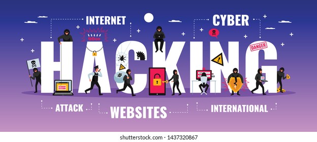 Hacker typography banner with cyber attack symbols flat  vector illustration 