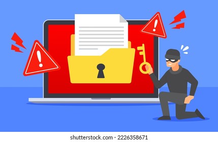 Hacker use key to unlock locked document folder on laptop. System warning alert to cyber threat or cybercrime concept. Data breach or file hacking. Flat cartoon vector icon. Technology illustration.