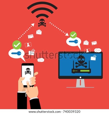 Hacker use KRACK method for steal important data from mobile device with wifi hack on WPA2 key security. Vector illustration KRACK in wifi cyber security infographic concept.