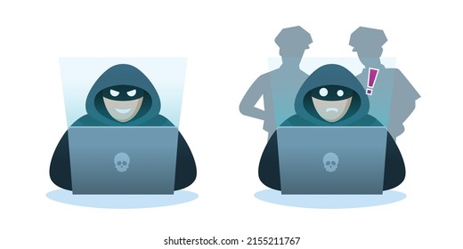 Hacker use laptop with police behind him, vector illustration