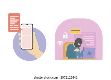 Hacker verwendet Laptop Stehlen vertrauliche Daten, persönliche Daten von Handphone. Vektorfarbige Illustration