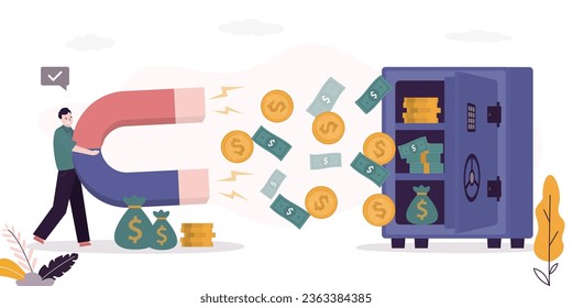 Hacker uses magnet to attract money from open bank safe. Steal, technology theft of data and money on Internet. Scamming, phishing, deception of users on network. cybercrime concept, flat vector