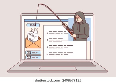 Hacker uses phishing to hack email via internet on laptop and steal confidential emails. Hacker breaks law by stealing correspondence for blackmail or obtaining insider information.
