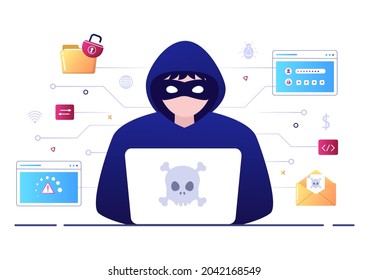 Hacker Using Computer Server to Activity Hacked Database, Network Storage, Social Account, Credit Card or Security. Background Vector Illustration