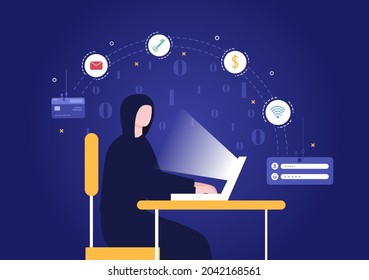 Hacker Using Computer Server to Activity Hacked Database, Network Storage, Social Account, Credit Card or Security. Background Vector Illustration