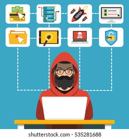 Hacker using his computer for cyber crime and hacking secret data. Icon set. Flat vector illustration.