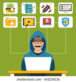 Hacker using his computer for cyber crime and hacking secret data. Icon set. Flat vector illustration.
